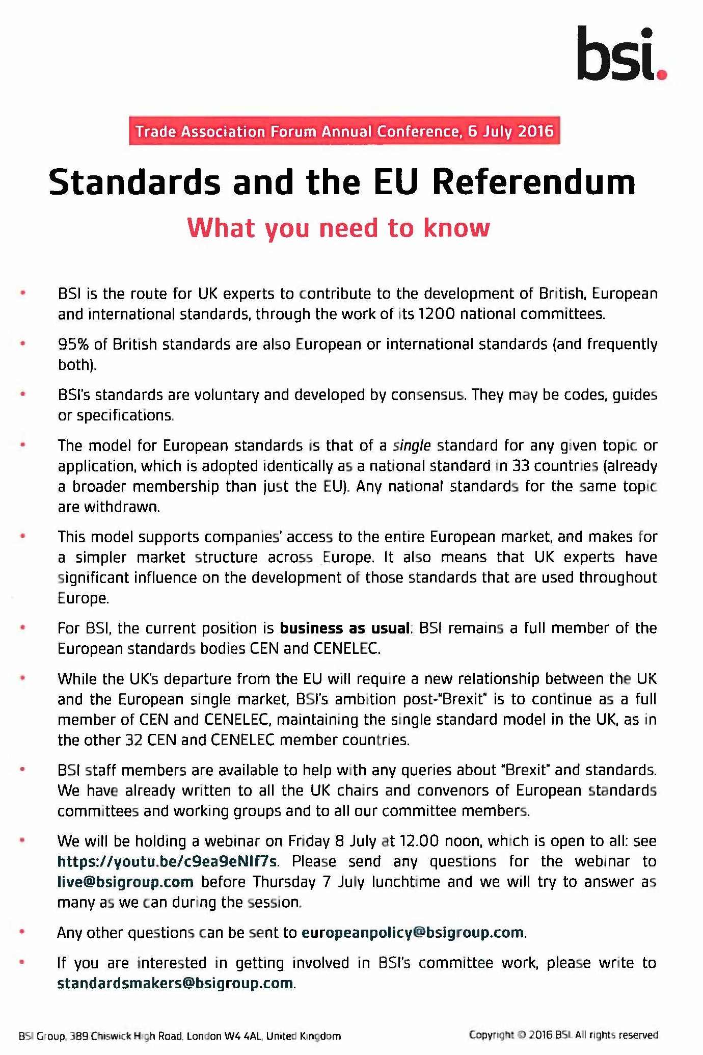 BSI Notification Standards and the EU Referendum